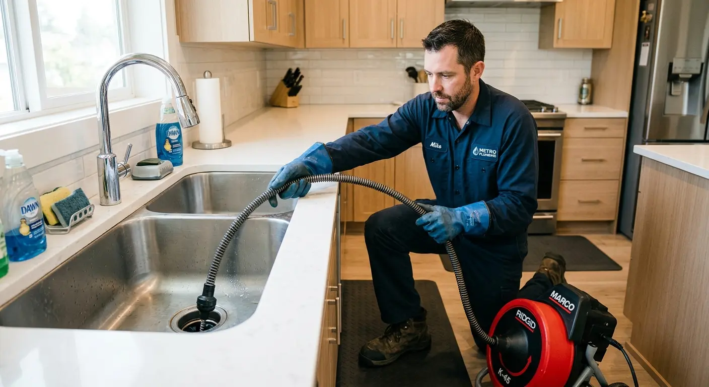 Drain cleaning technician using a motorized snake on a kitchen sink in Baraboo