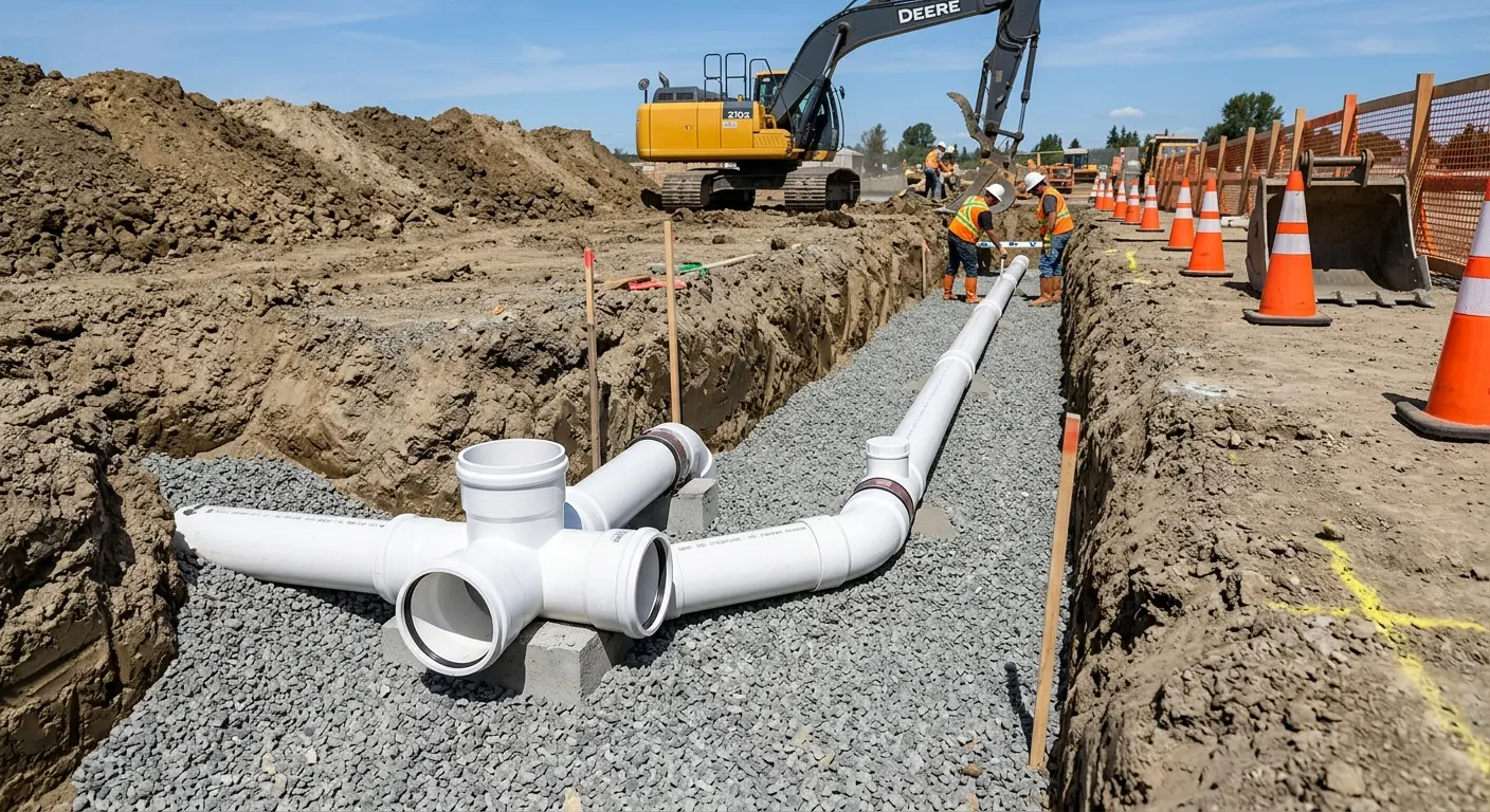 New PVC sewer pipe installation in open trench for Sewer Backup in Baraboo