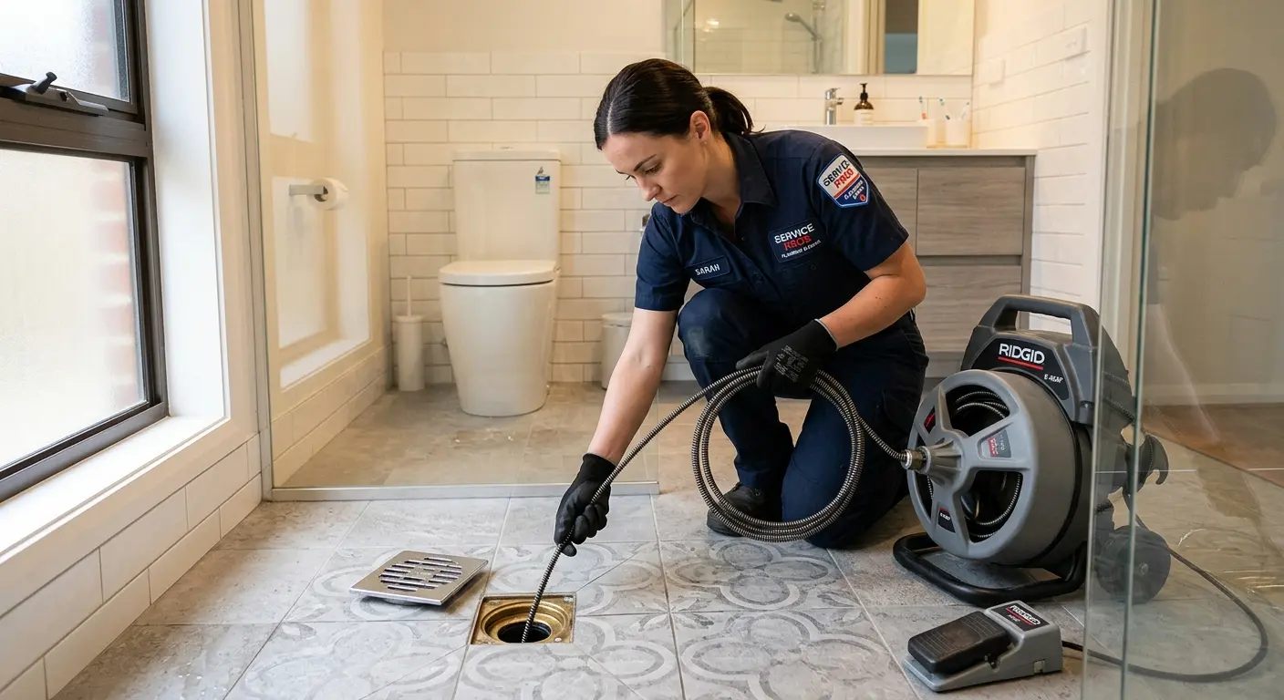 Technician clearing a bathroom floor drain for Hydro Jetting in Baraboo